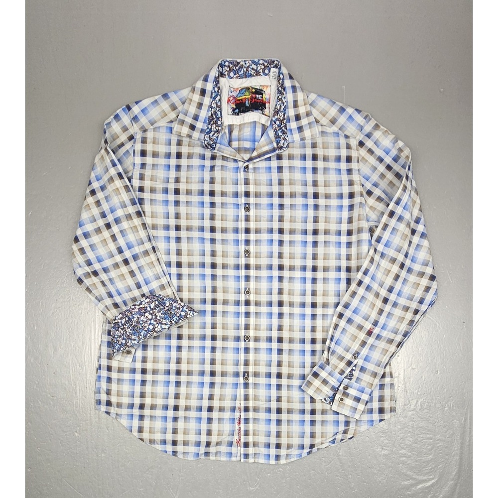 Robert Graham Button Up Shirt Men XL Blue Brown Plaid Flip Cuff Long Sleeve
